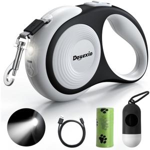 Retractable Dog Leash with LED Flashlight, Douexio Upgrade 3 in 1 Dog Leash Retractable for Small Medium Dogs Up to 66 lbs, 16ft, Anti-Slip Handle,One-Handed Brake (White)
