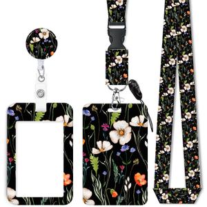 ID Badge Holder with Retractable Lanyard, Badge Holders Reel with 360 Degrees Rotate Carabiner Clip for Women, Teachers, Nurses, Doctor,Students, Office(Wildflower Night)