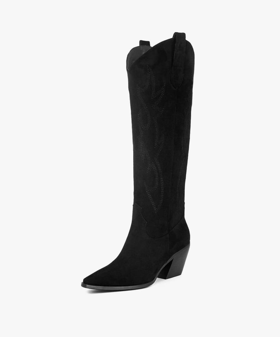 iiimmu Cowgirl Boots Women Knee High Boots Pointed Toe and Block Heel Cowboy Suede and Faux Leather Boots with Embroidered, Size 11, Black
