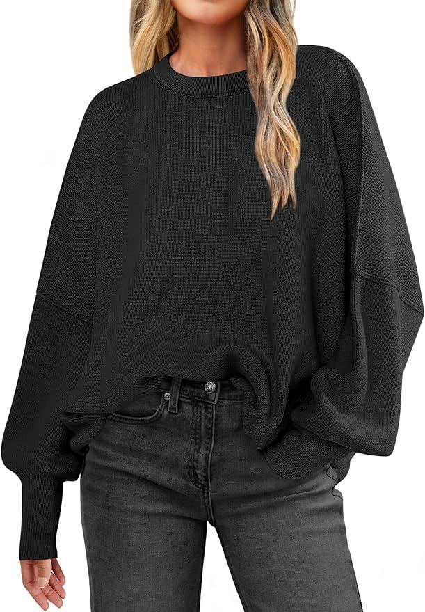 ANRABESS Women Crewneck Batwing Long Sleeve 2024 Fall Oversized Side Slit Ribbed Knit Pullover Sweaters Top Cozy Outfits, medium