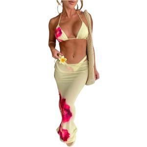 Women's 3 Piece Floral Bikini Sets Triangle Halter String High Cut Swimsuit with Cover Up Skirt (Yellow) XS