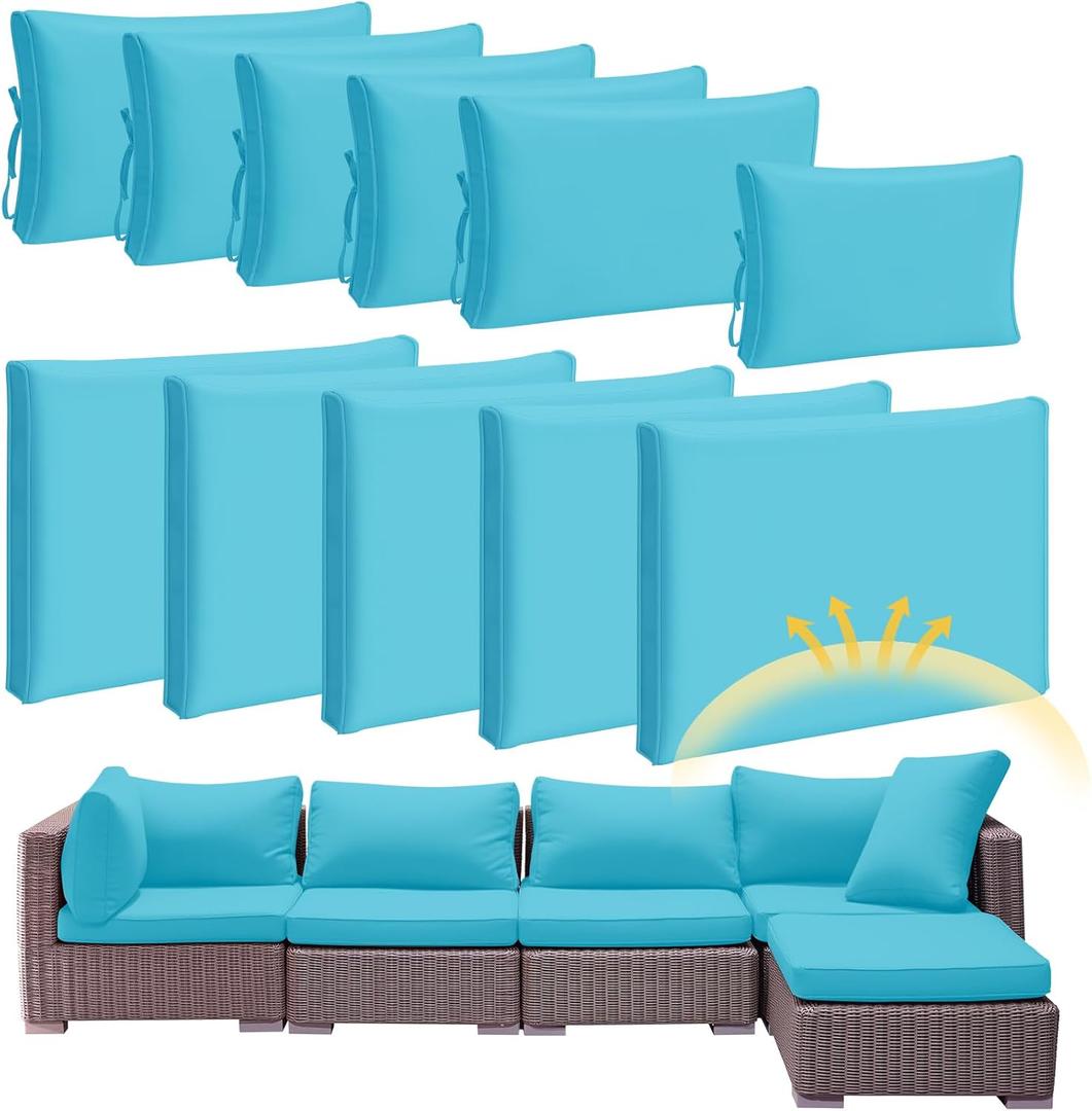 Patelai 11 Pcs Waterproof Patio Cushion Covers for Outdoor Sectional Furniture Wicker Rattan Patio Sofa Couch Chair Seat Pillow Slipcovers, 3 Sizes Covers Only (25.4 x 25.4X 3.54,Turquoise)