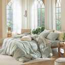 MooMee Bedding Duvet Cover Set 100% Washed Cotton Linen Like Textured Breathable Durable Soft Comfy (Heathered Sage Green, Super King Plus 120"x120")