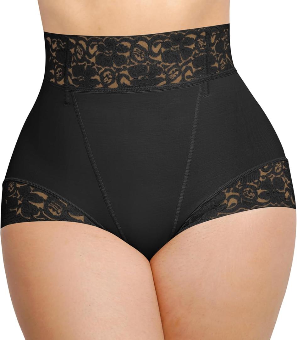 SHAPELLX Shapewear for Women Tummy Control Short Faja Body Shaper Compression Panties Mid Waisted Briefs Lace Underwear (Small, A1-black)