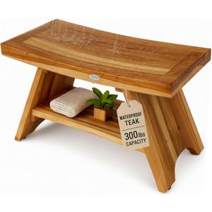 EcoDecors 30 Inch Serenity Teak Shower Bench – Waterproof Bathroom Seat-Large Storage Shelf for Adults & Senior-Spa-Style Teak Wood Stool-Non-Slip Feet-Elegant Finish-300 Pound Capacity