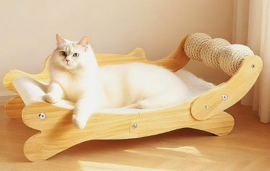 Cat Scratcher Bed, Heavy Duty Sisal Cat Scratching Post with Hammock for Indoor Cats, Natural Wood Cat Lounge for Sleeping & Scratching, Stable Bed for Large Cats