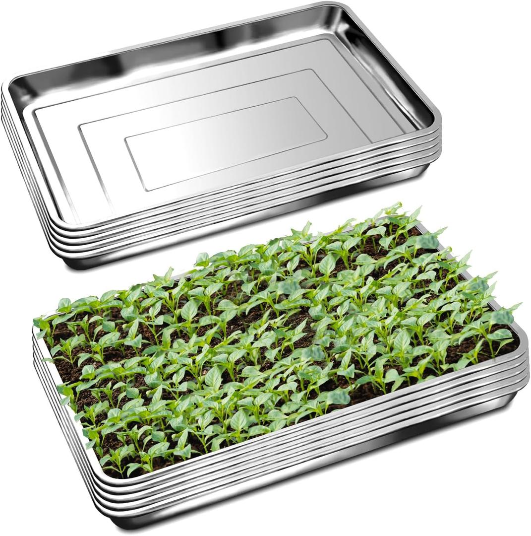 10 Pack Large Stainless Steel Seedling Trays, Heavy Duty Metal Water Catch Trays for Nursery Pots Transplant, Seed Germination & Propagation Flats (17.5 inch13.56 inch, 1.18" Height)