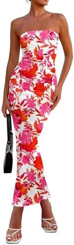 PRETTYGARDEN Women's 2025 Summer Floral Bodycon Maxi Dresses Ribbed Strapless Tube Casual Boho Party Long Dress, M