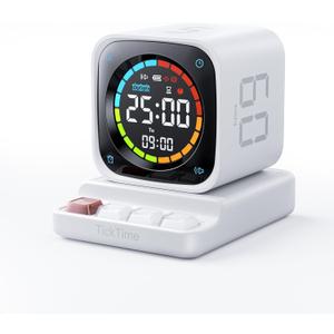 TK3 Pomodoro Timer Cube, Desk Productivity Timer with 5/10/30/60 Min Presets, Custom Countdown, Stopwatch, Clock, 3 Alarm, Silent, Vibrate & Sound Alert, for Task, ADHD, Study, Kitchen, White