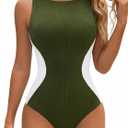 Blooming Jelly Women One Piece Tummy Control Swimsuit Ribbed Color Block Bathing Suits Backless High Neck Swim Suit (Large, Army Green)