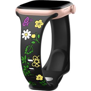Floral Engraved Slim Band Compatible with Apple Watch Bands for Women 40mm 41mm 38mm 42mm 44mm 45mm 46mm, Thin Soft Silicone Inlay Sport Strap for iWatch Series 10 9 SE 8 7 6 5 4 3 2 1 Ultra (Slim Black/Yellow Flower)