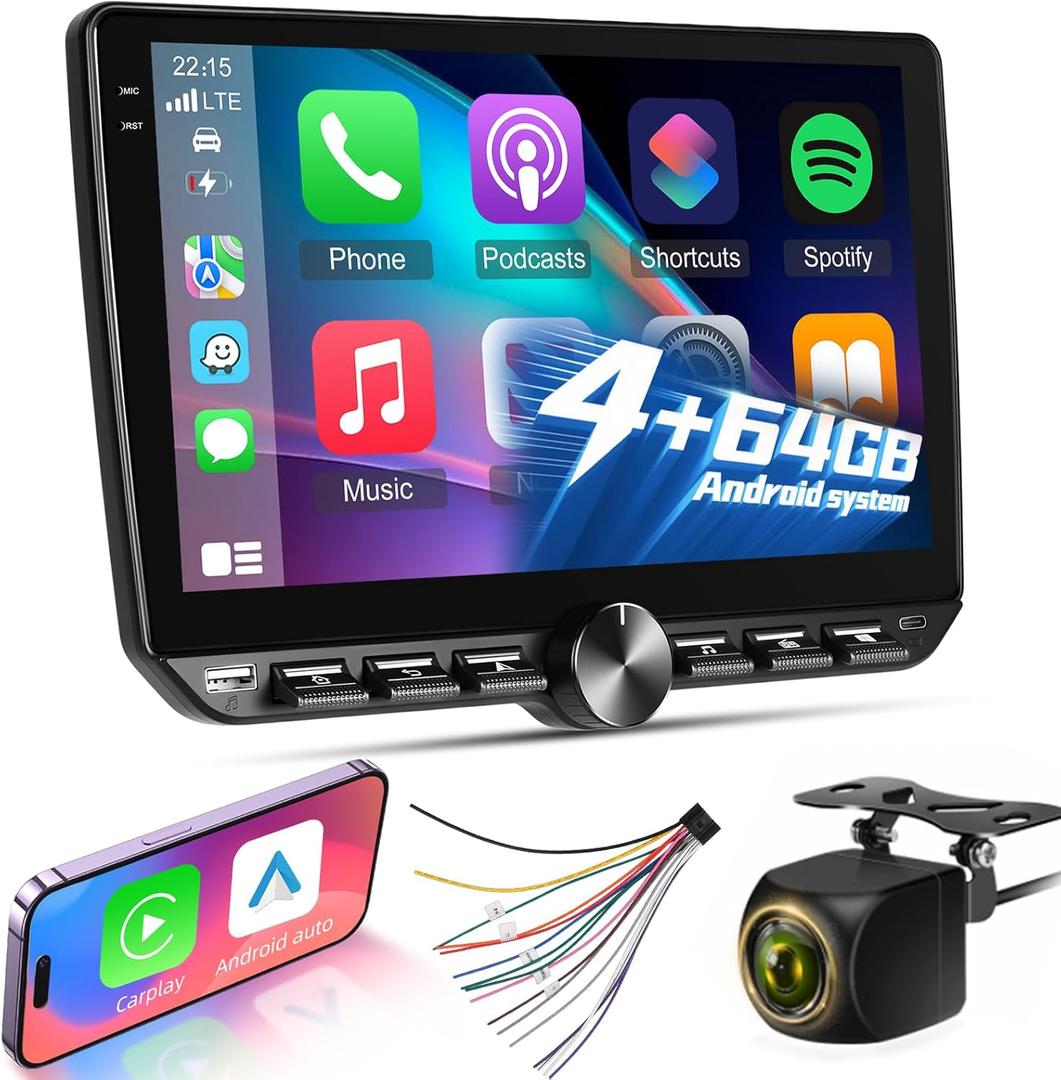 4+64G Android 15 Car Stereo with Wireless Carplay & Android Auto - 10 Inch Touchscreen Radio with EQ/DSP/5G WiFi/GPS Navigation/SWC + AHD Rear Camera