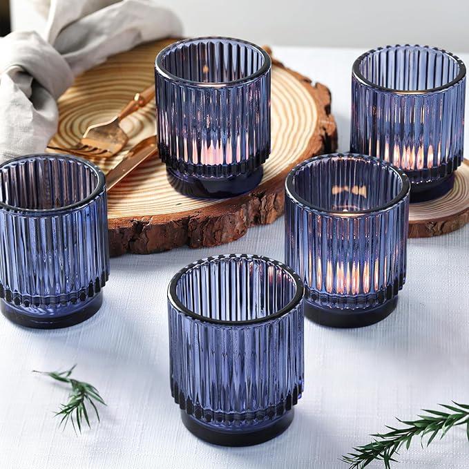 DEVI 8 Pcs Blue Votive Candle Holder for Wedding Centerpieces, Glass Ribbed Tea Light Holder for Wedding Table Decorations, Navy Blue Decor for Party Home Farmhouse Decorations