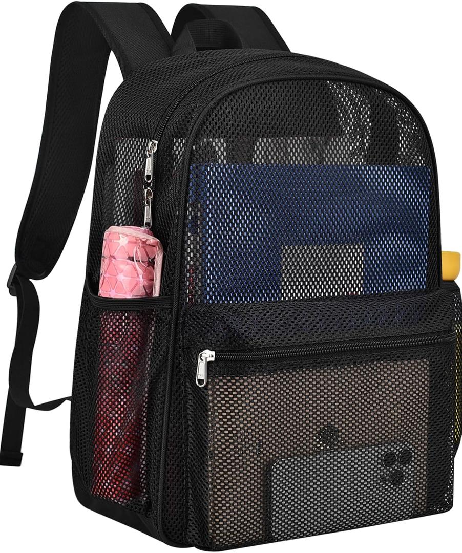 Paxiland Mesh Backpack Lightweight See Through College Student Backpack for Commuting Swimming Travel Beach Outdoor Sports - Black