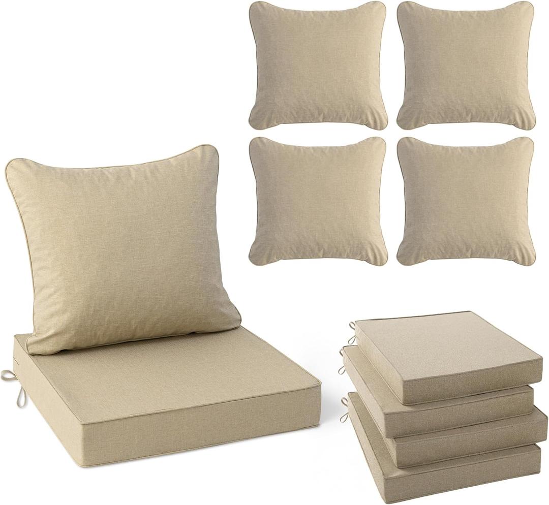 Summsun Outdoor Chair Cushions Set of 4, Faux Linen Patio Furniture Cushions, Water Resistant Backrest and Deep Seat Cushion Set with Straps, Removable Cover, Non-Slip Bottom, 22 x 22 Inch, Nature