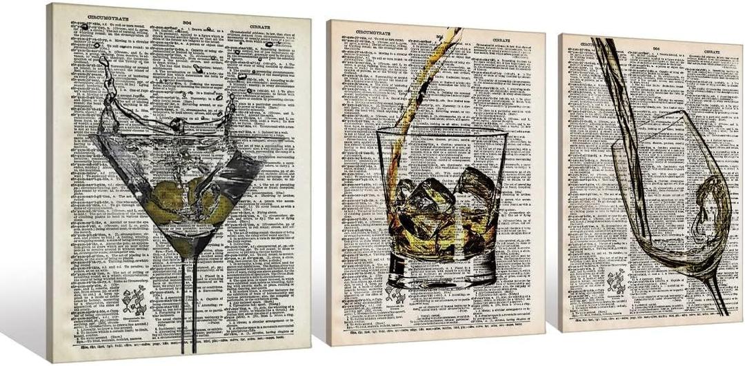 Whiskey Martini White Wine Cup Retro Dictionary Art Canvas Wall Art Prints Artwork Signs Framed for Bar Club Lounge Kitchen Man Cave Home Wall Decor,17X13 inch Set Of 3,Housewarming Gifts(848)