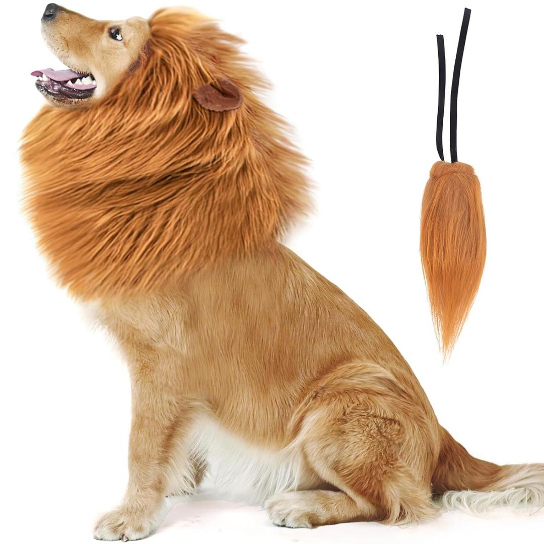NEWBEA Lion Mane for Dog Costume, Realistic Funny Lion Wig for Medium to Large Sized Dogs, Halloween Fancy Mane (Brown Ear Tail)
