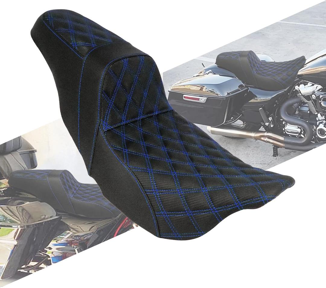One-Piece Seat Driver & Passenger Seat 2-Up Fit For Harley Touring Road King FLHR Road Glide FLTR Street Glide FLHX Electra Glide Ultra Limited FLHT 2009-2023 (Blue Stitching) (Without Driver Backrest)