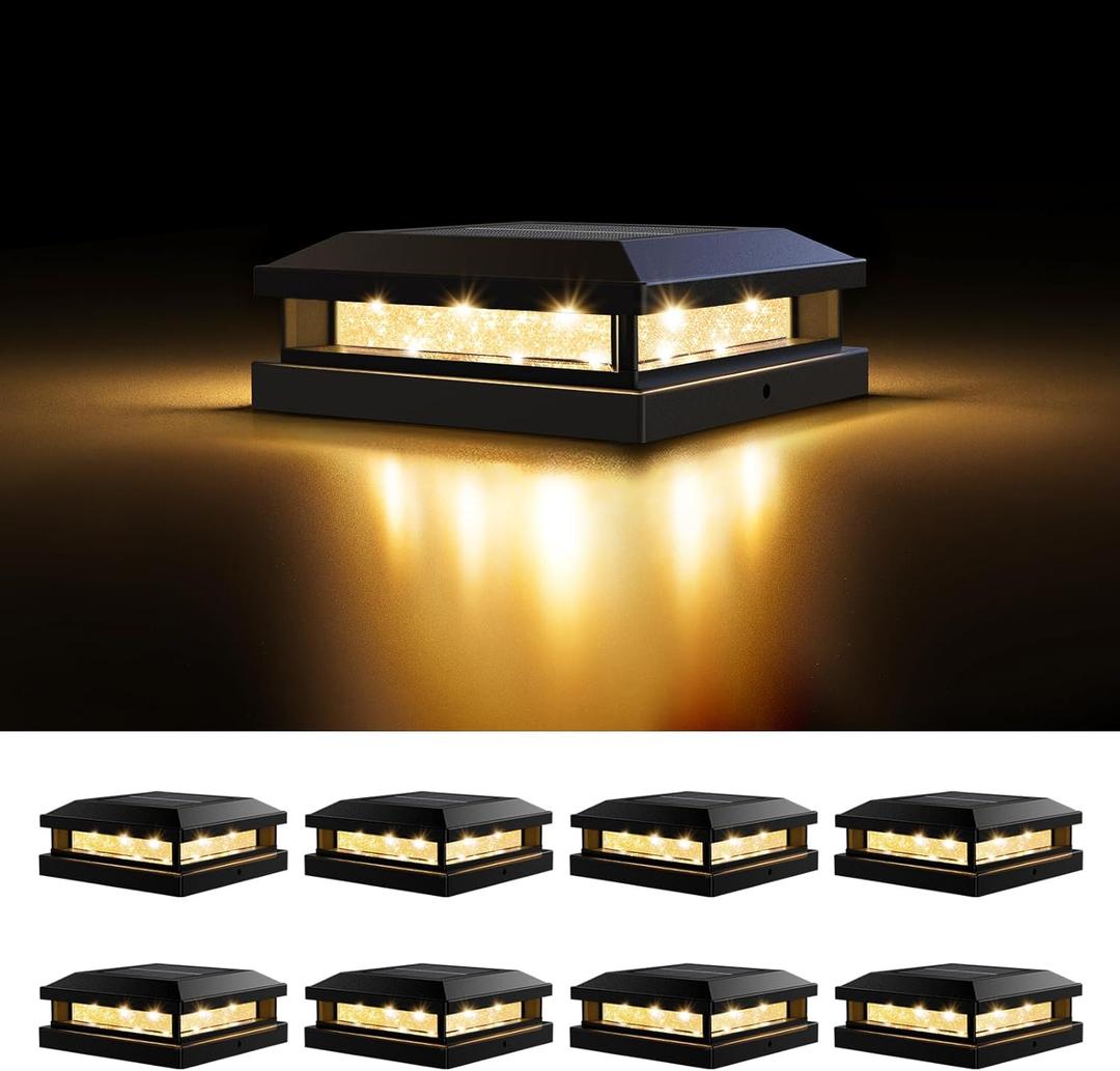 Brightever 4x4 Solar Post Cap Lights Outdoor 8 Packs, Waterproof Solar Powered Deck Light for 5x5 Vinyl/Wooden Posts, Black Outside Warm/Cool Lighting Fence Cap Lights with 16LEDs for Garden, Patio