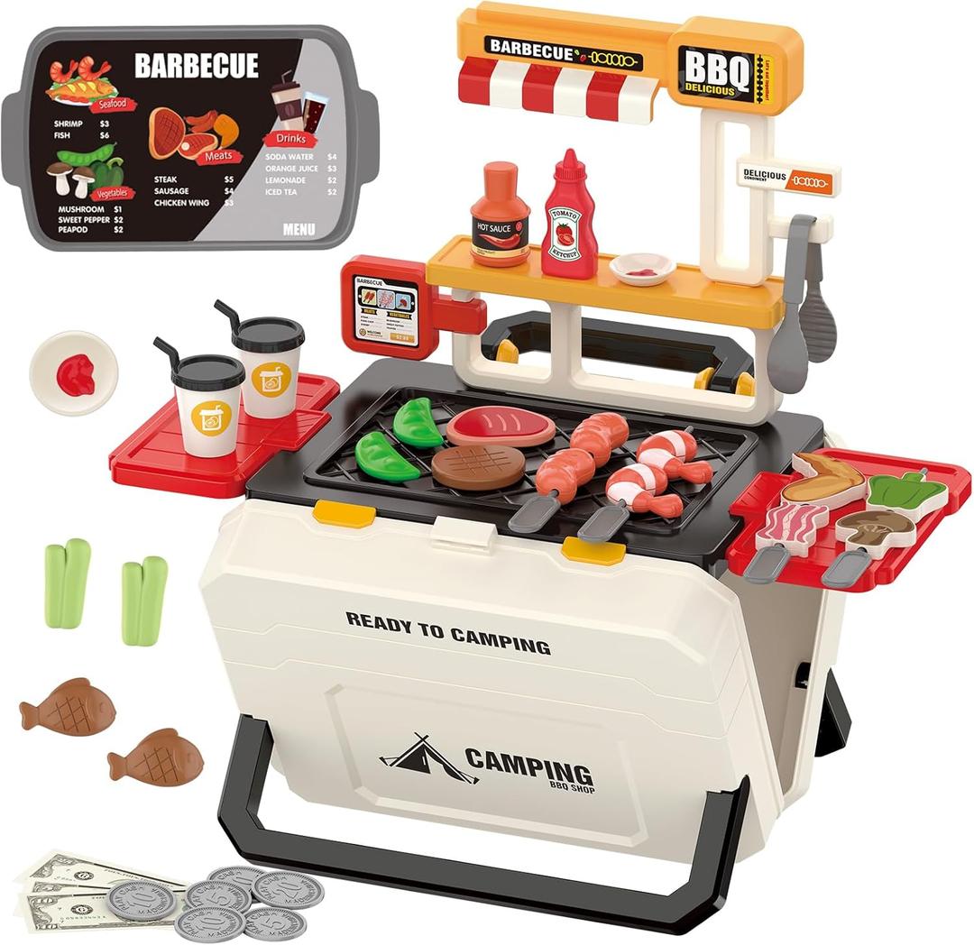 Kids Fun Toys Portable BBQ Grill Play Set for Toddlers Ages 3-8 - Realistic Outdoor Pretend Cooking Toy with 51PCS, Camping Kitchen Pretend Play for Boys Girls