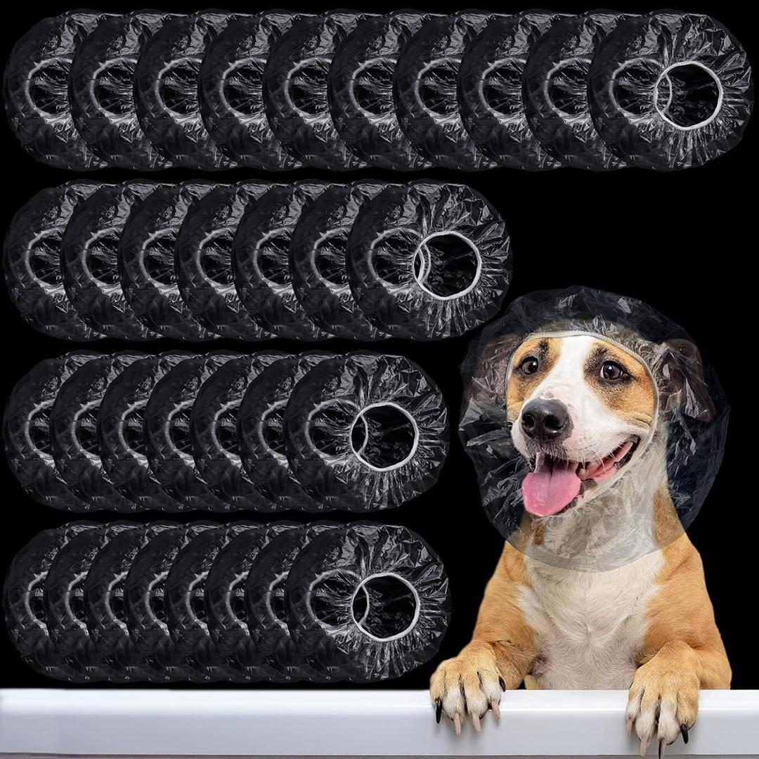 Weewooday 32 Pieces Disposable Pet Shower Caps - Plastic Dog Ear Covers for Bathing, Drops, Guard - Transparent Overhanging Ears Protection for Puppy, Kitten, Small Pets Bath, Shower, Rain Water