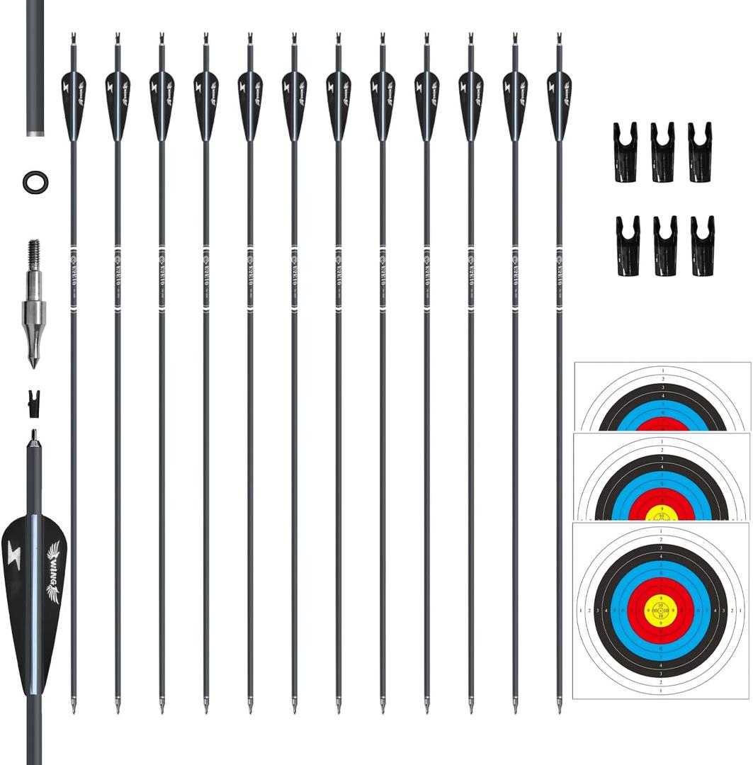 31inch Carbon Arrow Archery Targeting Practice Hunting Arrows for Compound & Recurve Bow with Removable Tips(Pack of 12)