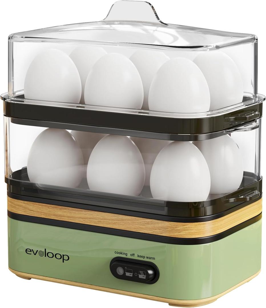Evoloop Rapid Egg Cooker Electric 12 Eggs Capacity, Soft, Medium, Hard Boiled, Poached, Omelet Maker Egg Poacher & Vegetable Steamer, BPA Free TrayGreen