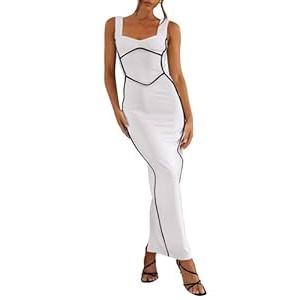 BTFBM Women Maxi Bodycon Dresses Square Neck Sleeveless Contrast Binding Split Cocktail Party Club Tank Long Dress 2024(Solid White, Medium)