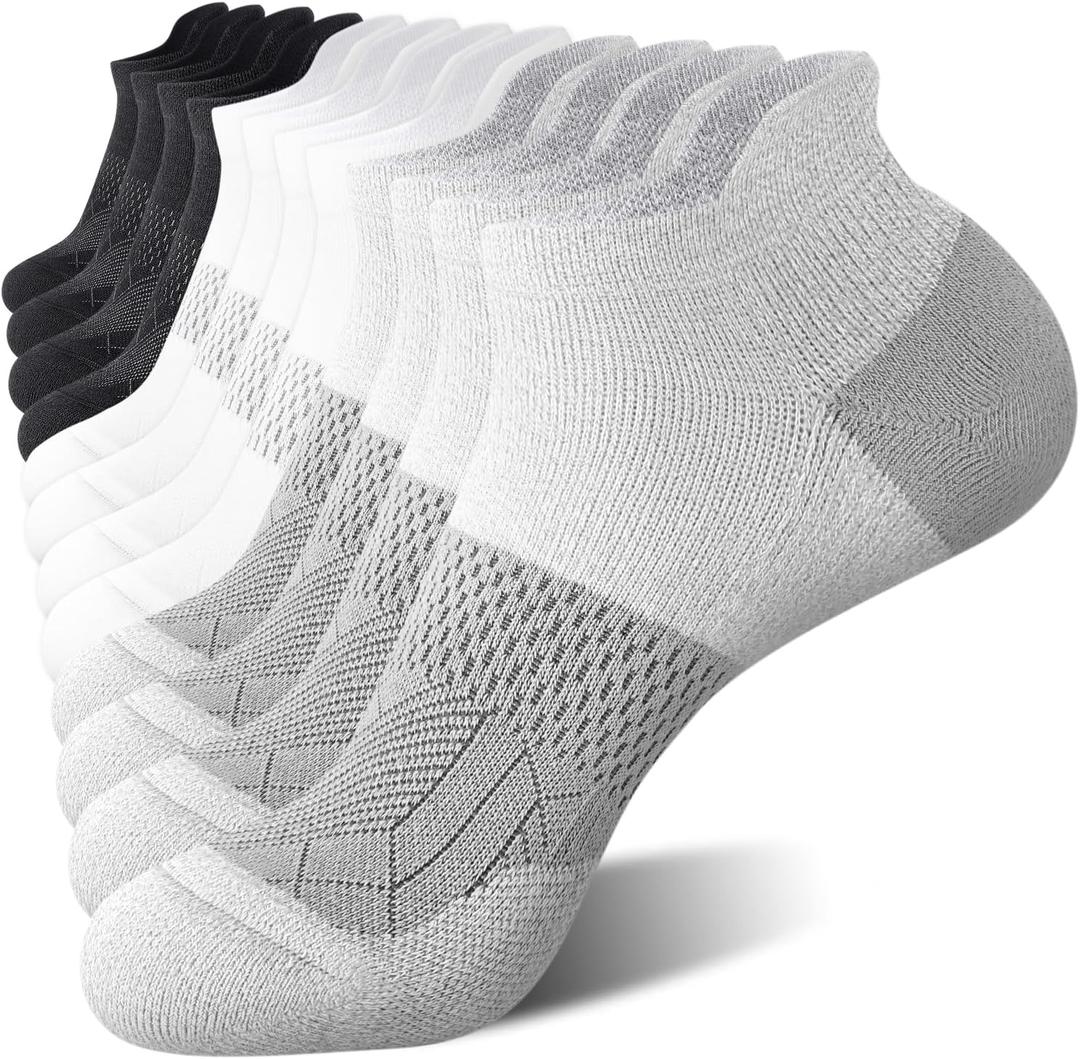 FITRELL 6 Pairs Ankle Running Socks for Women Athletic Cushioned Low Cut Tab Sports Socks, White/ Black/ Grey, Small