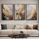 Large Framed Neutral Abstract Wall Art for Living Room, 3 Piece Modern Canvas Prints Paintings Artwork for Walls, Oversized Beige Gold Pictures for Hallway Dining Bedroom Office Wall Decor 24x36 In