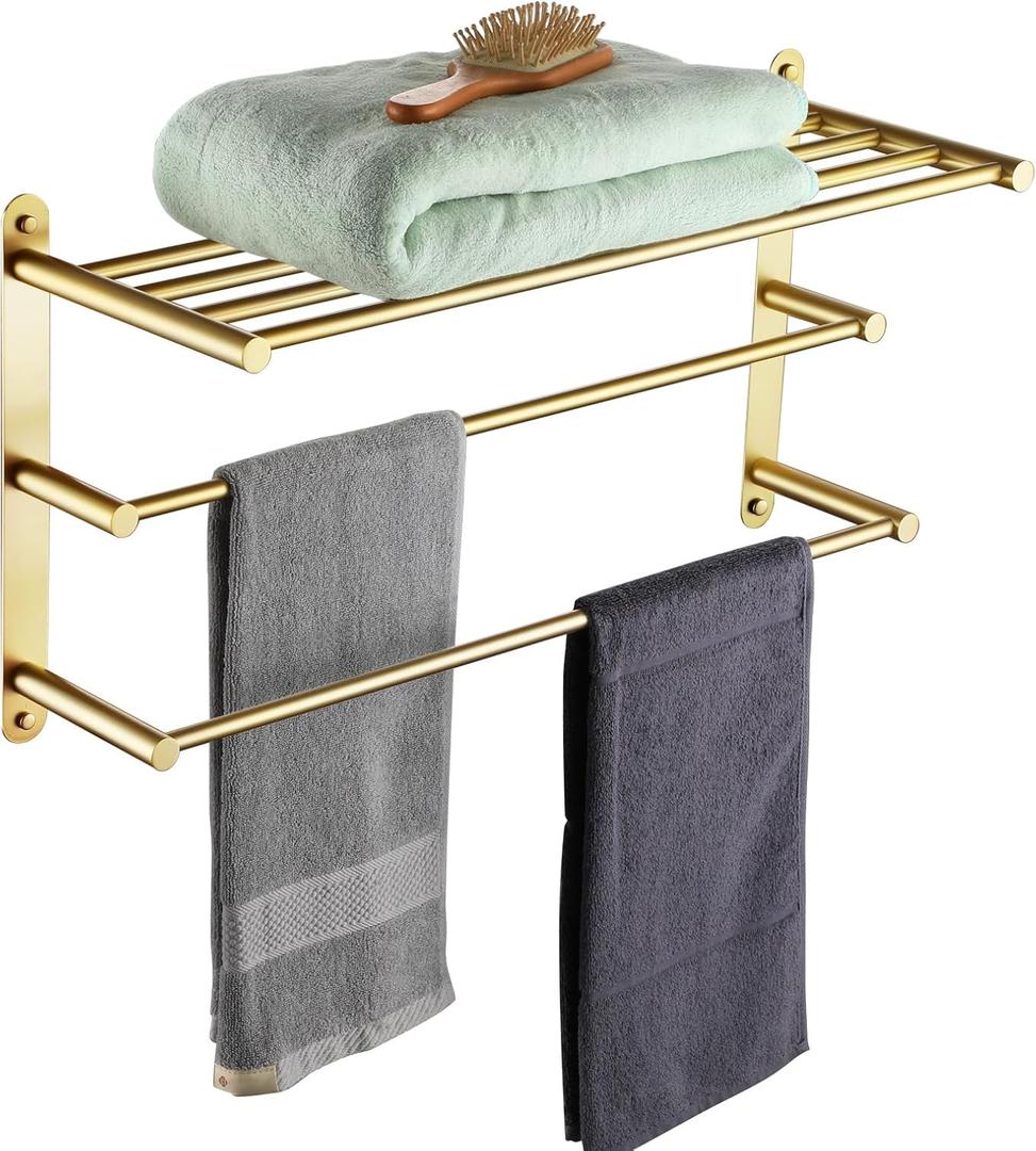 KOKOSIRI 3 Tier Bath Towel Rack 24 Inch Wall Mounted Rack with Towel Bars Towel Shelf with Single Towel Bar Bathroom Ladder Brushed Gold B5003BG
