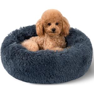 Dog Calming Beds for Small Dogs - Round Donut Washable Puppy Dog Bed, Anti-Slip Faux Fur Fluffy Donut Cuddle Anxiety Cat Pet Bed(20" Dark Grey)
