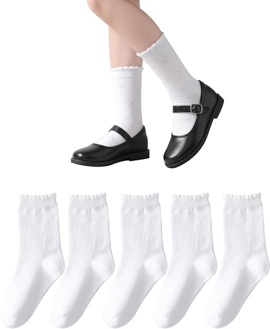 Marchare Girls Ruffle Socks White Dressy Socks School Uniform Sock Heart Bow Design For Girl (White)