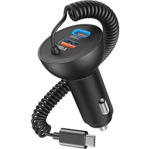 90W iPhone 17/17 Pro Max/Air Car Charger Fast Charging, 3-Port USB C Fast Car Charger Cigarette Lighter Adapter & 4FT USB-C Coiled Cable for iPhone 17/Air/17 Pro /16/15 Pro Max/Plus, iPad, Android