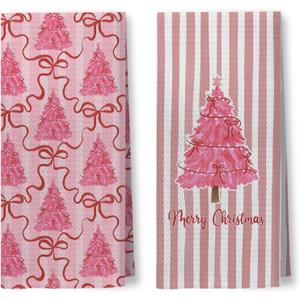Pink Merry Christmas Tree Kitchen Towels, Coquette Christmas Tree Hand Towels for Bathroom, Preppy Pink Xmas Striped Holiday Dish Tea Towel for Kitchen Decor, 16x24 Inch Set of 2 (Color 17)
