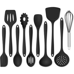 Onader Silicone Cooking Utensils Set, 10 Pieces Black Kitchen Utensils for Nonstick Cookware, Non Toxic & Dishwasher Safe