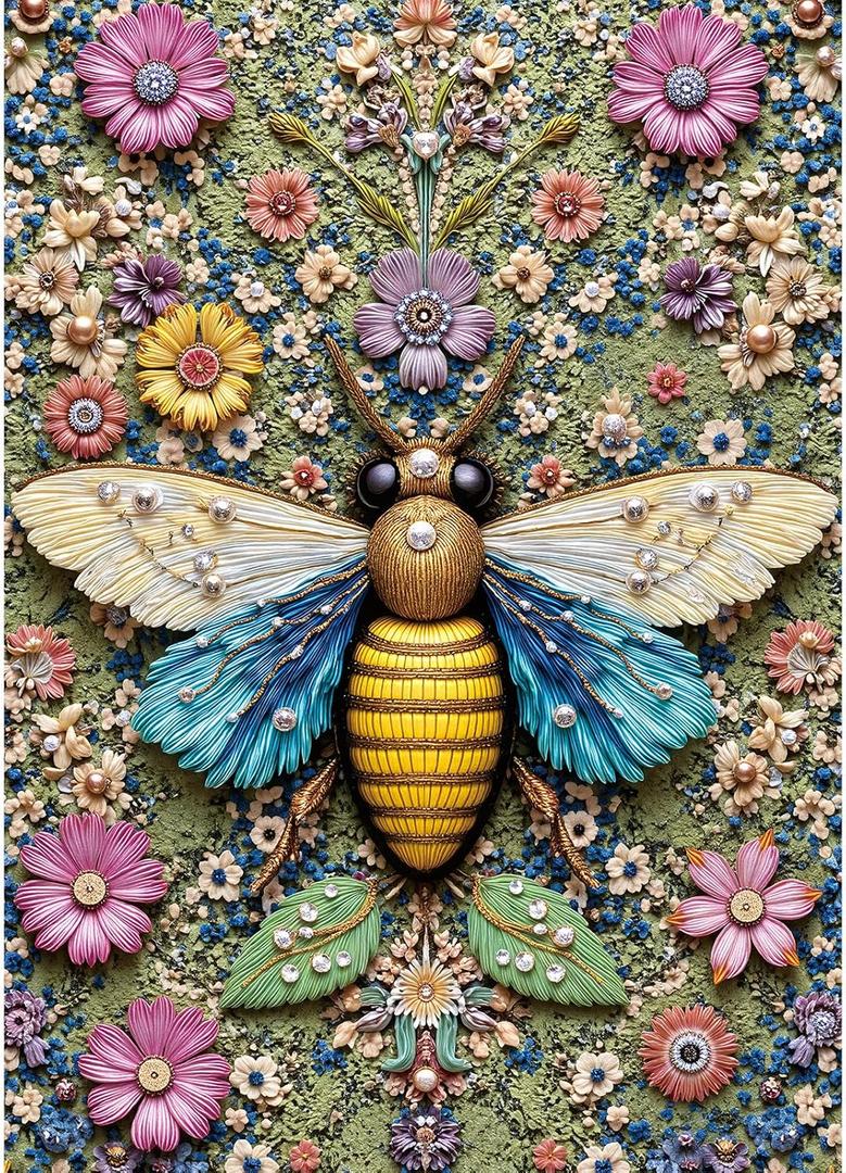 Floral Bee Jigsaw Puzzles 1000 Pieces, Ultra-Difficult Animal Plant Jigsaw Puzzles for Adults 1000 Pieces, Impossible Flower Bee Art Puzzle for Expert Puzzle Lovers, Unique Gift Wall Decor (Pearl Winged Fantasy)