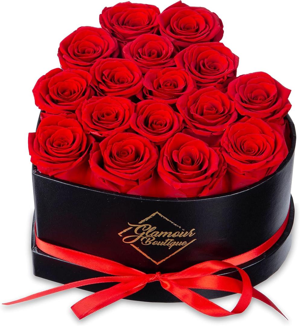 GLAMOUR BOUTIQUE 16 Flower Forever Heart Shape Box, Eternal Preserved Roses Gift for Her, Lasting Flowers, Romantic Floral Keepsake for Birthday, Anniversary or Valentines Day, Red (Color-Treated)