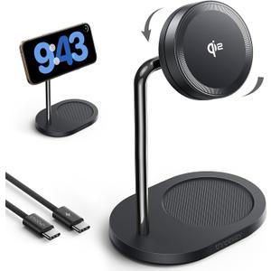 THREEKEY Charging Station, for MagSafe Charger with 180 Rotation, Qi2 15W Fast Charging Pad with Dual-Sided Magnets, Magnetic Wireless Charger Stand for iPhone 16-12 Series/Airpods (TZH103 Black)