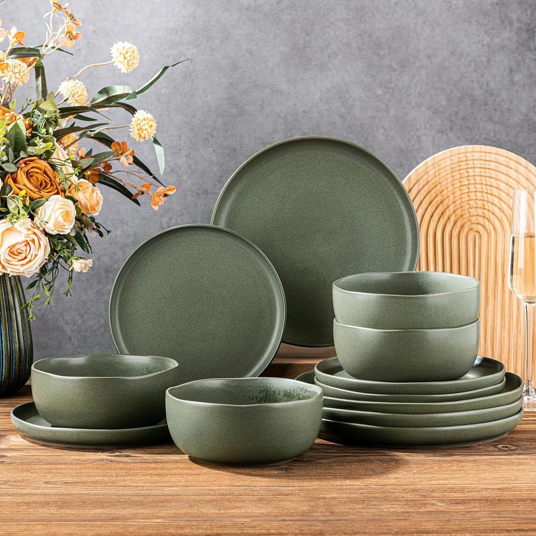 AmorArc Ceramic Dinnerware Sets, Wavy Rim Stoneware Plates and Bowls Sets,Dishwasher & Microwave & Oven Safe Dishes set, Service for 4 (12pc) (Reactive Matte)