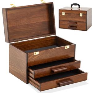 Weysat 14 Inch Mini Wooden Tool Box with 2 Drawers and Top Storage, Portable Small Tool Chest with PVC Liners, Mini Tool Storage Box Organizer Makeup Box with Metal Latch Closure
