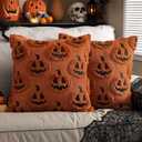 EMEMA Fall Pumpkin Ghost Decorative Throw Pillow Covers 18x18 Inch Set of 2 Soft Plush Faux Wool Couch Pillow Covers 3D Embroidered Halloween Couch Cushion Case for Living Room Home Decor (Caramel)