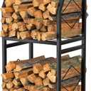 VyGrow Firewood Rack for Indoor, 2-Tier Firewood Holder with 3 Hanging Hooks, Heavy Duty Wood Rack for Outdoor Patio, Black