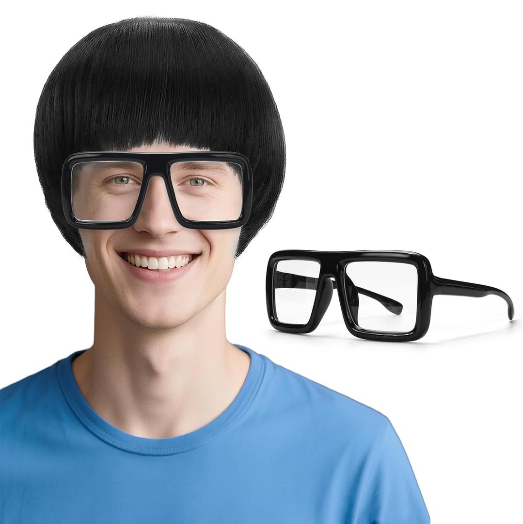 Halloween Black Mushroom Wig and Nerd Glasses for Men & Women, Short Bowl Cut Wig 60s Funny Wigs for Man Bob Hair With Bangs, Vector Costume Wigs for Party Anime Movie Cosplay