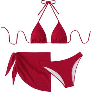 SHENHE Women's 3 Piece Textured High Cut Halter Triangle Bikini Swimsuit with Cover Up (Large)