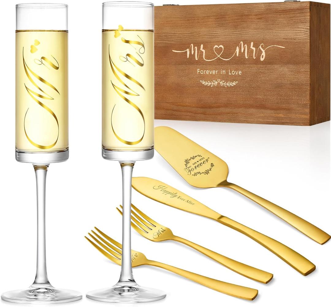 Wedding Champagne Flutes and Cake Knife Server Set of 6, Mr and Mrs Wedding Gifts for Bride and Groom, Enagement Bridal Shower Housewarming Gifts (Gold)