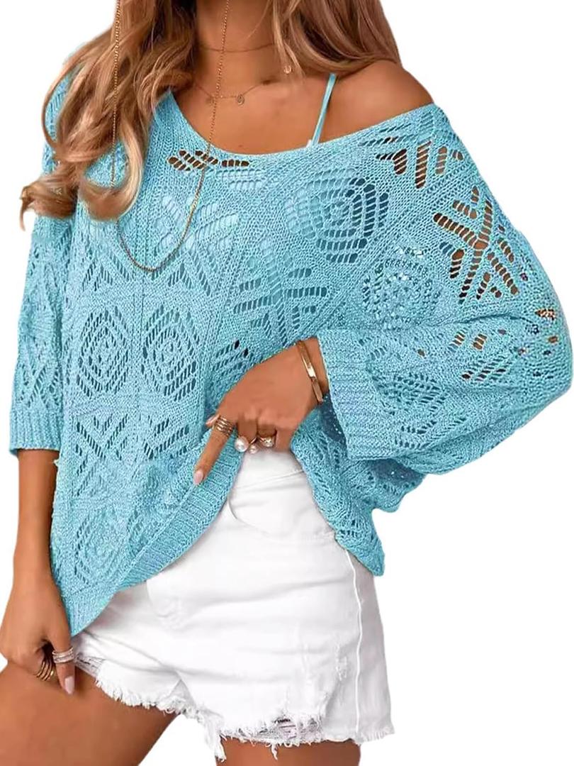 Beautiful Nomad Women's Summer Crochet Pullover Sweater Hollow Out 3/4 Sleeve Off Shoulder Boho Cover Up Tops Light Blue (Blue, L)