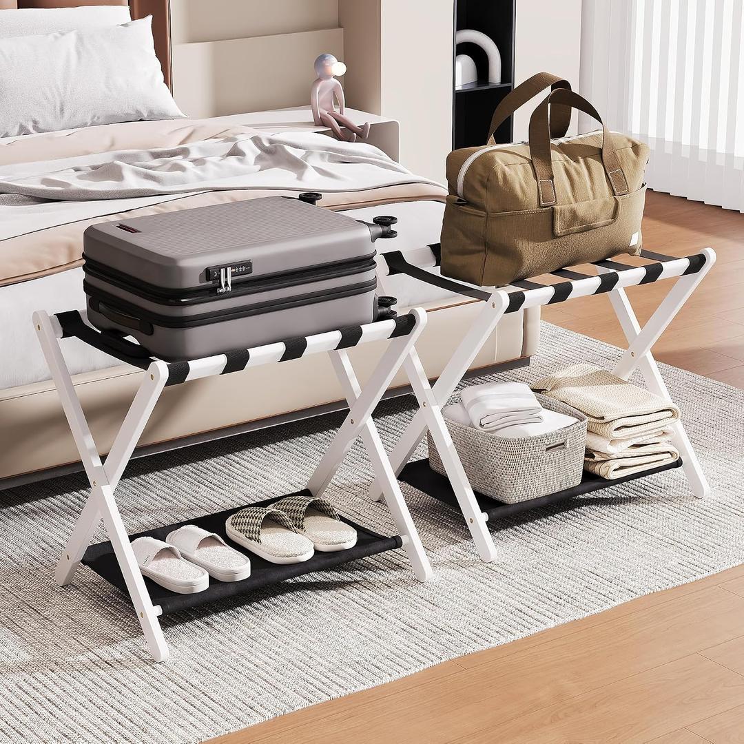 26.77" Full Assembled Luggage Rack for Guest Room, Set of 2 Suitcase Stand | Bamboo Foldable Luggage Stand Suitcase, Bedroom & Hotel, Luggage Holder with 5 Nylon Straps, 600D Oxford Fabric Shelf (White)