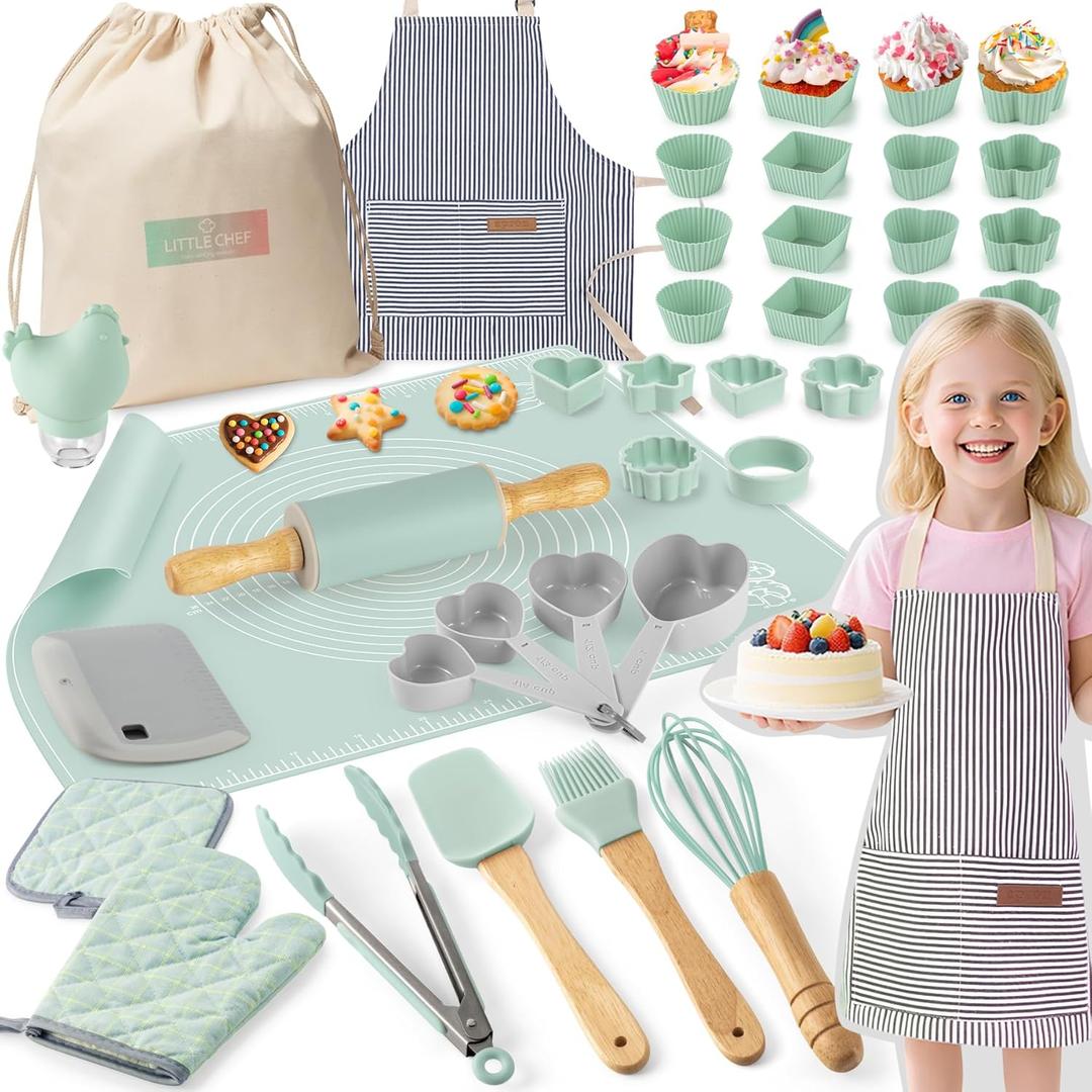 Ultimate Baking Kit for Kids - 38 Piece Kitchen Tools, Food Grade Silicone, BPA/BPS Free - Real Cooking Set for Ages 8-12 - Girls Boys Birthday Stocking Stuffer - Sage Green