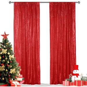 Hahuho Red Sequin Backdrop Curtain, 2PCS 2FTx8FT Glitter Backdrop Curtain for Parties, Christmas, Wedding, Party Decoration, 2 Panels, 2FT x 8FT, Red